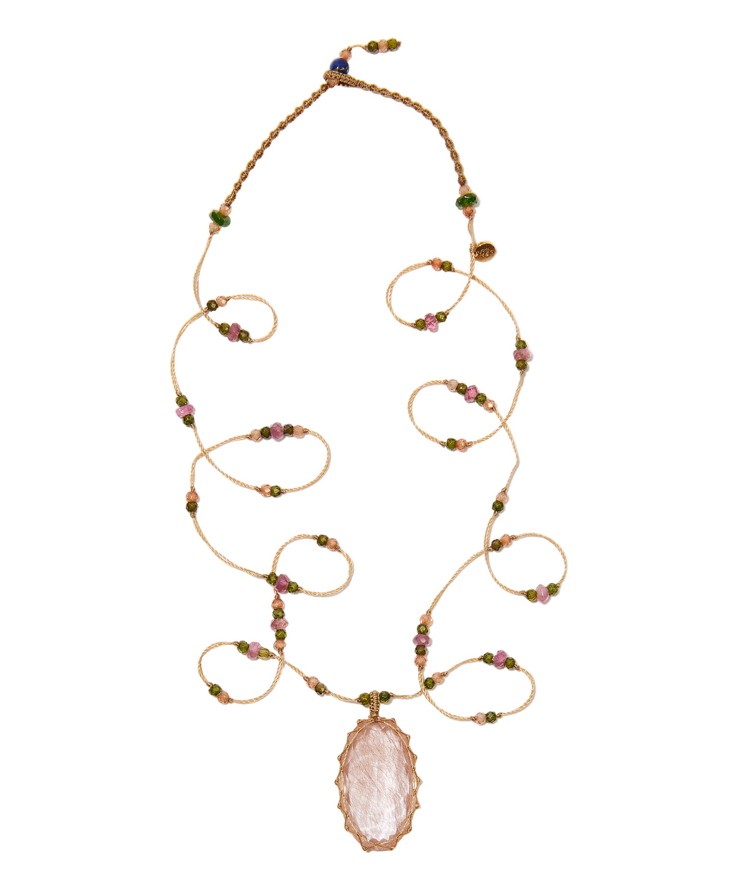 Sautoir Tibétain - Quarz Rutilgold - Mix Rosen-Tourmalin - Beiger Faden