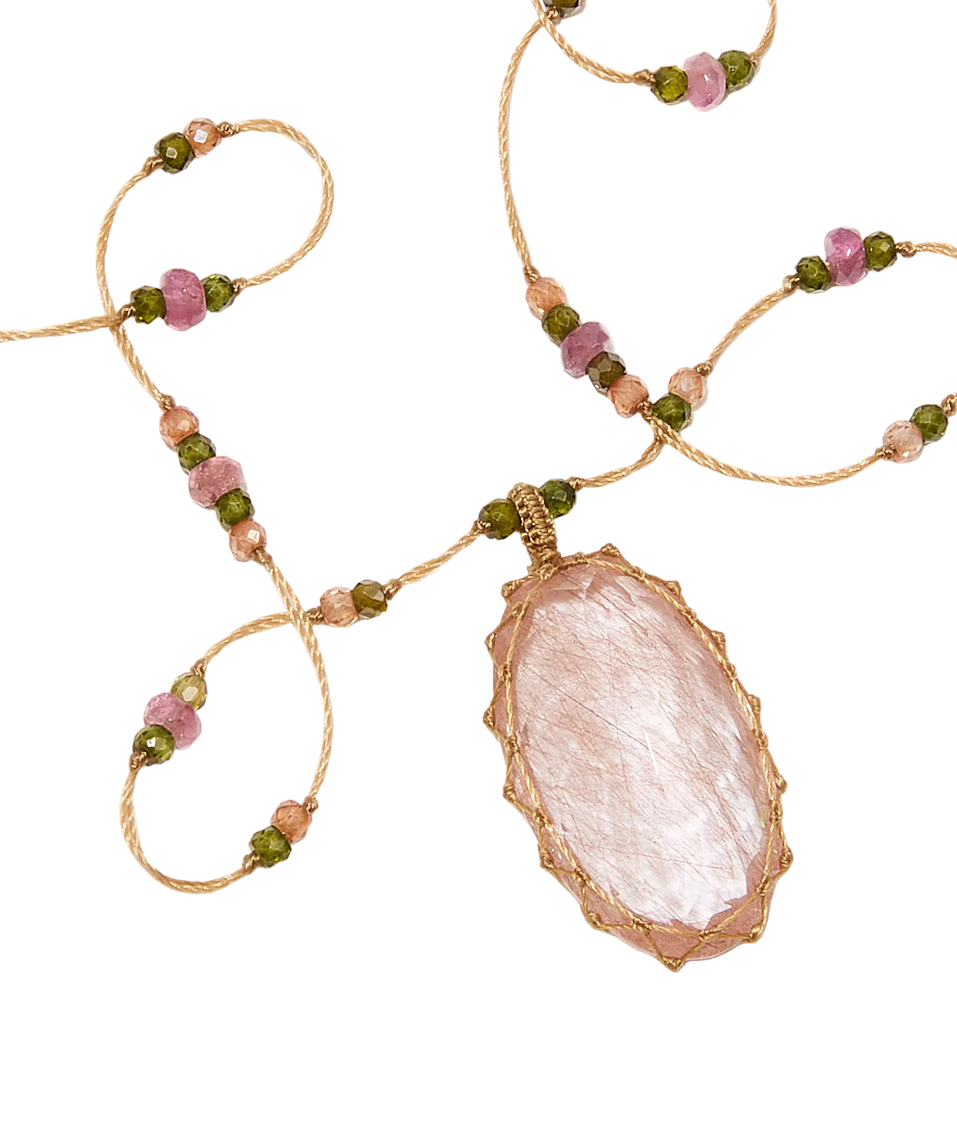 Tibetan Necklace - Rutilated Quartz Gold - Mix of Pink Tourmaline - Beige Thread
