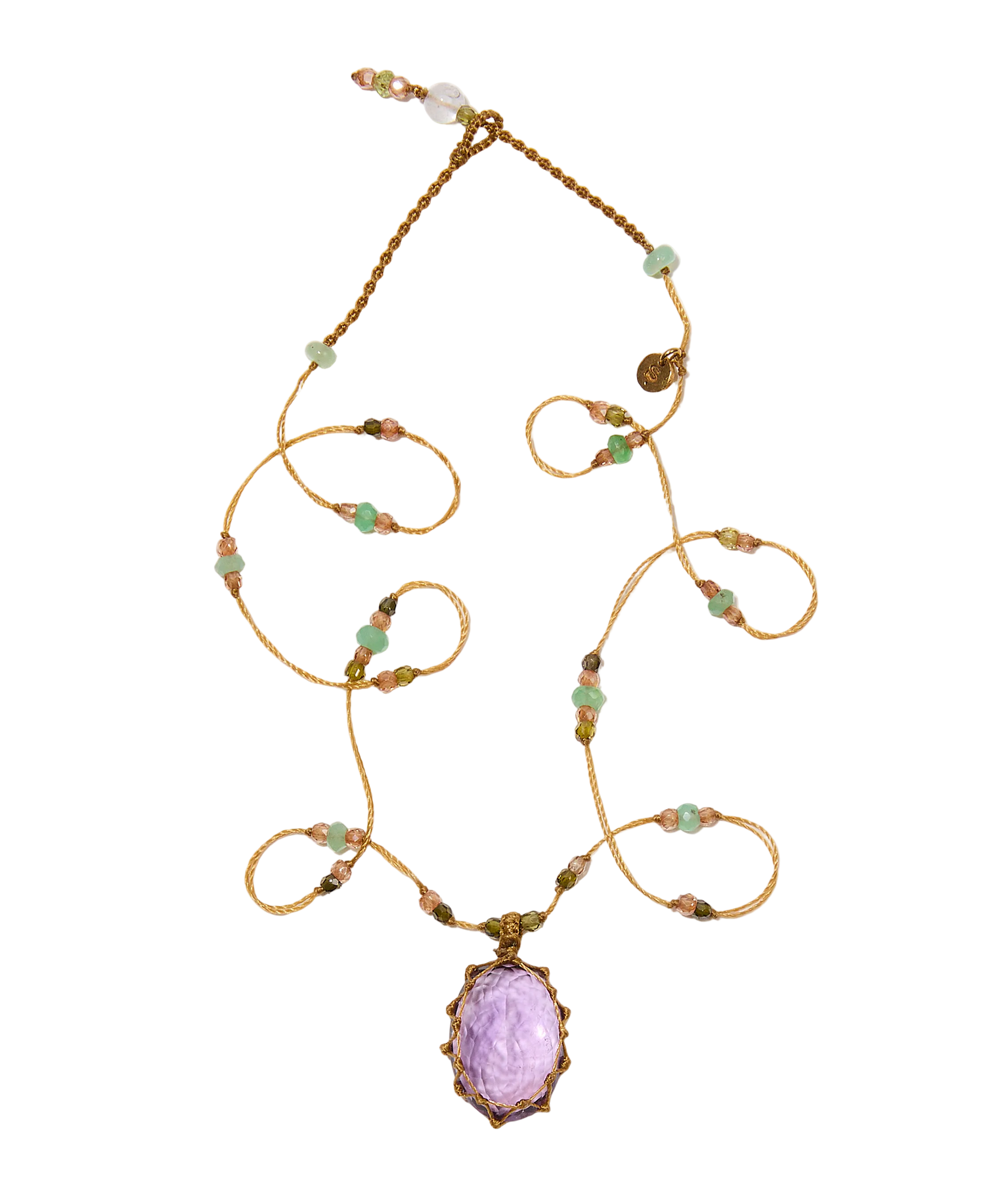 Collier Court Tibétain - Améthyste Violette - Mix Chrysoprase - Fil Beige
