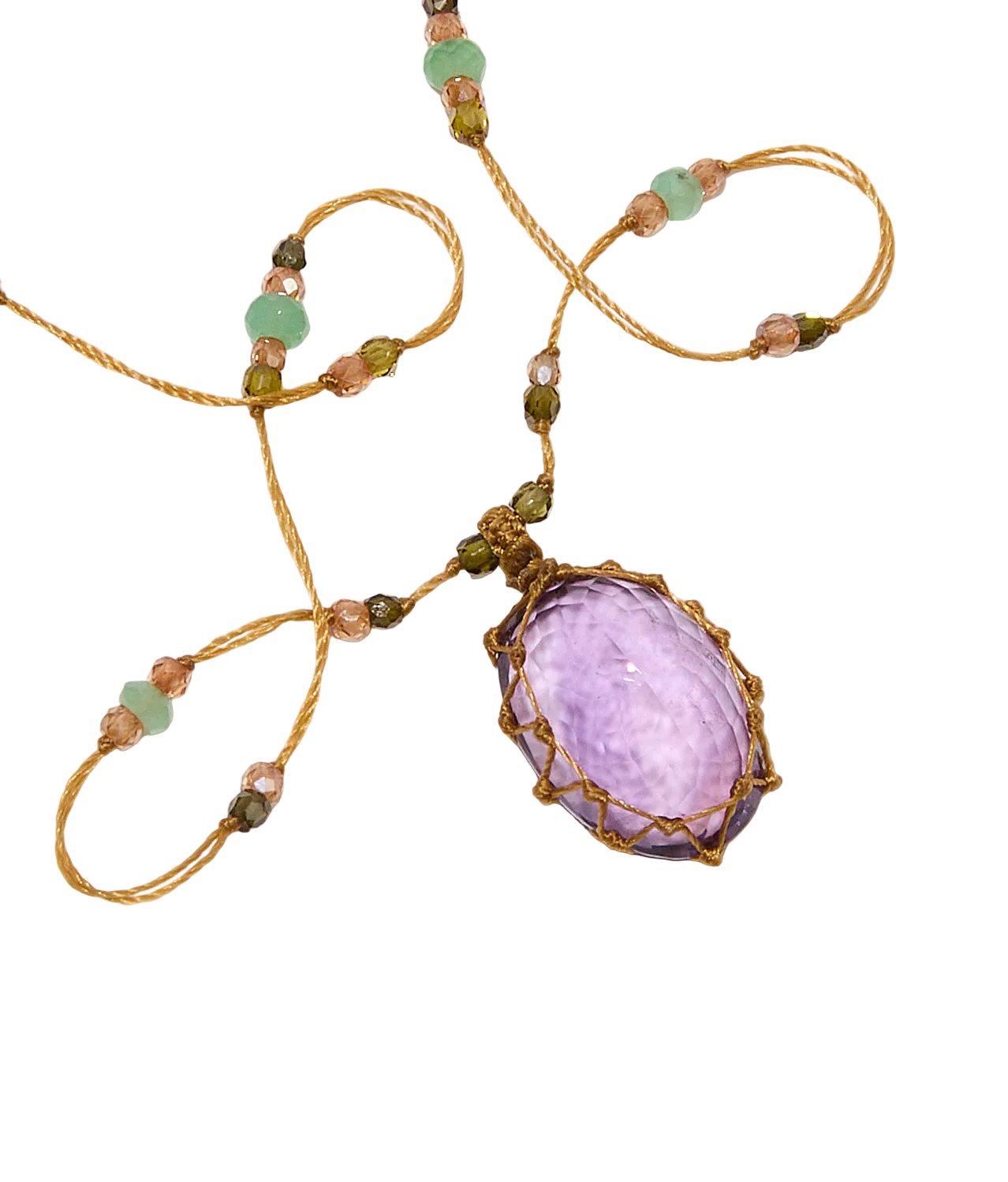 Short Tibetan Necklace - Dark Purple Amethyst - Tourmaline Mix - Tobacco Thread