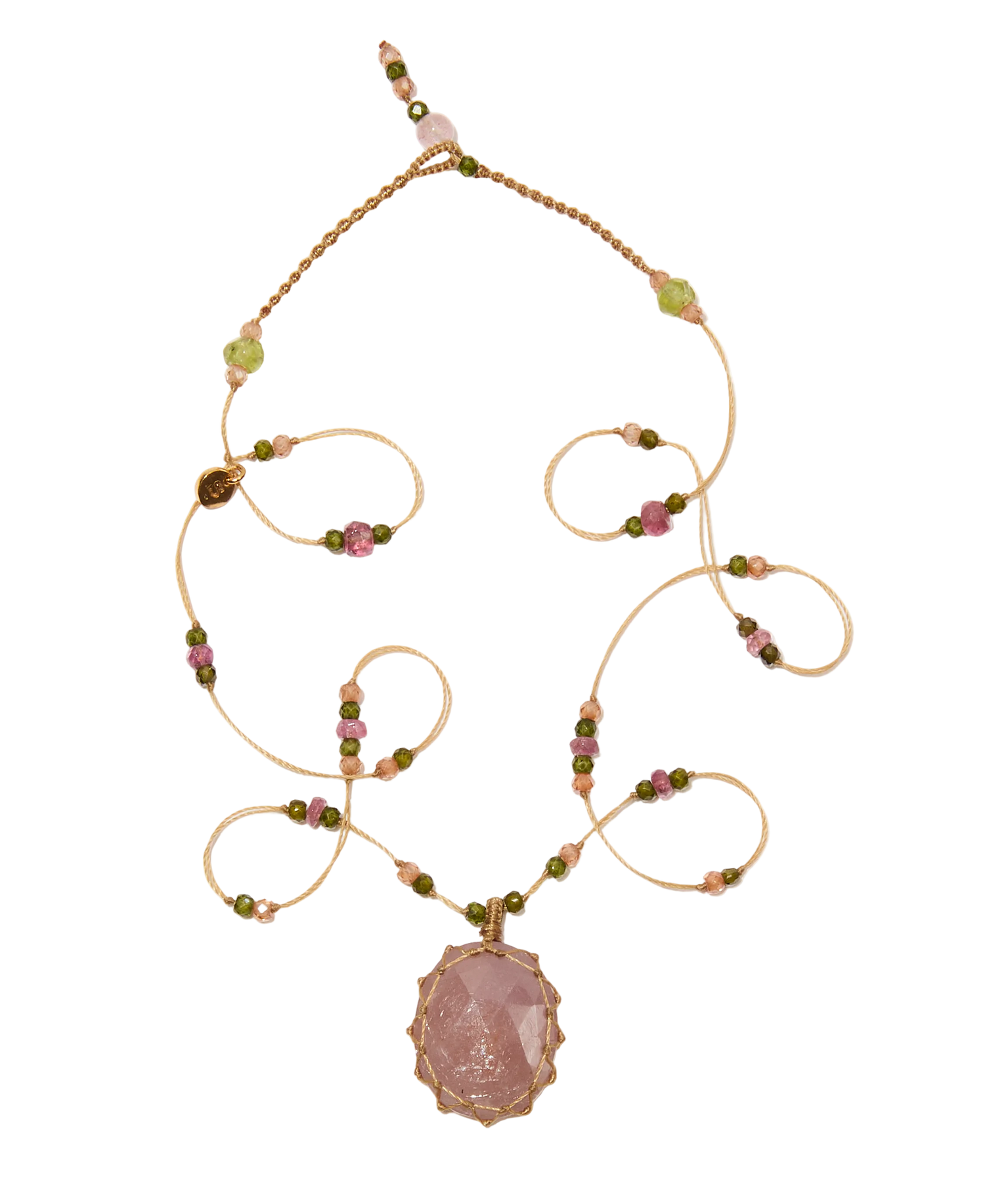 Collier Court Tibétain - Saphir Rose - Mix Tourmaline - Fil Beige