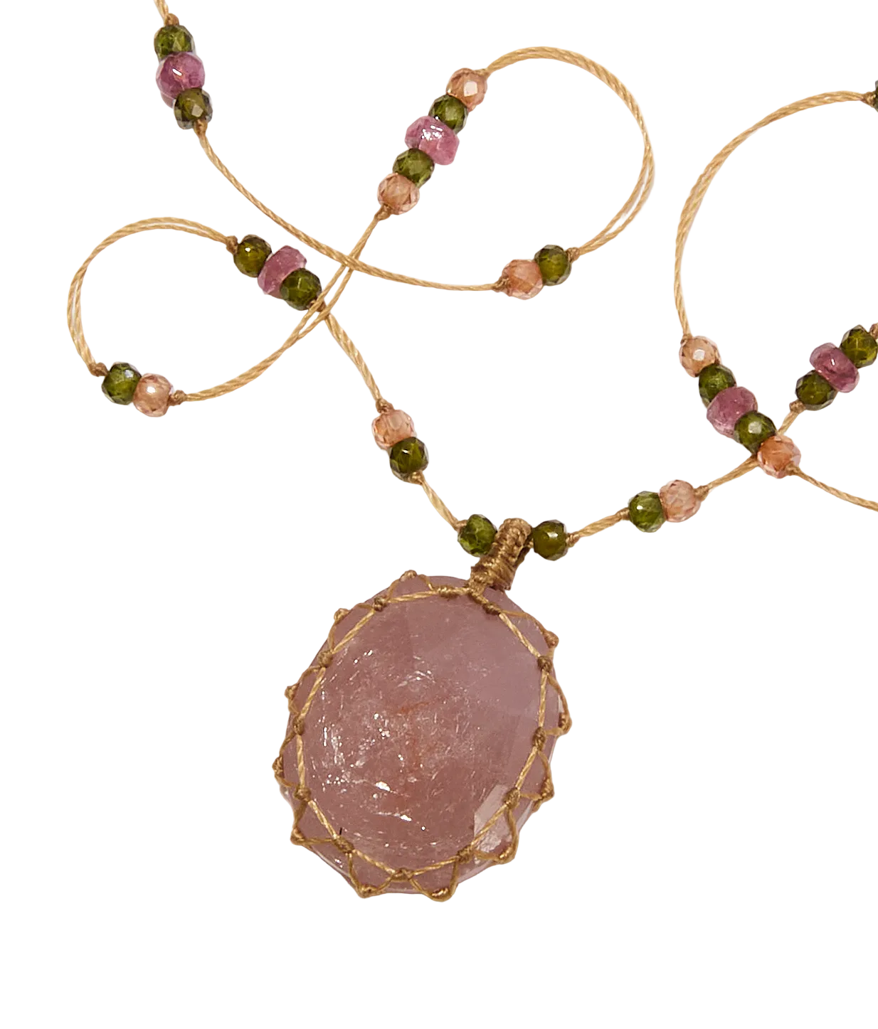 Short Tibetan Necklace - Cabochon Sapphire - Mixed Tourmaline - Tobacco-Brown Cord