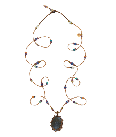 Sautoir Tibétain - Labradorite Feu Bleue - Mix Multi Pierres - Fil Tabac