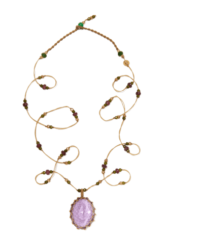 Sautoir Tibétain - Amethyst Violette Claire - Mix Tourmaline Rose - Fil Beige