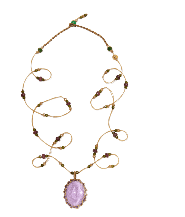 Sautoir Tibétain - Améthyste Violette Claire - Mix Tourmaline Rose - Fil Beige