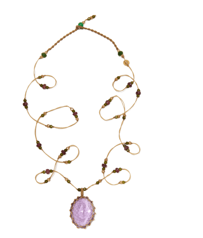 Sautoir Tibétain - Améthyste Violette Claire - Mix Tourmaline Rose - Fil Beige