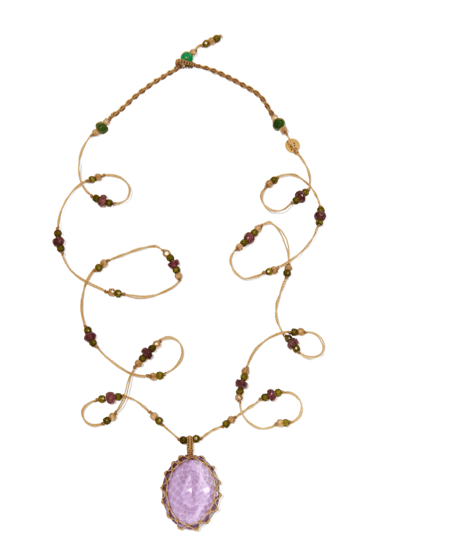 Long Tibetan Necklace - Light Violet Amethyst - Rose Tourmaline Mix - Beige Thread