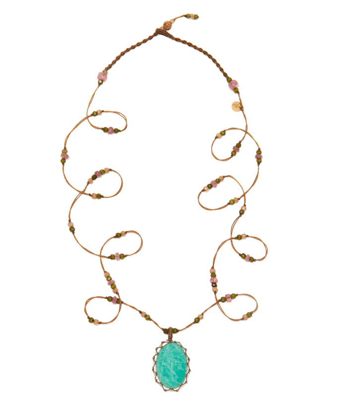 Sautoir Tibétain - Blaue Amazonite - Tourmalin-Mix - Tabakfarbenes Band