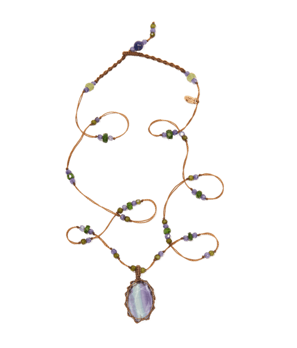 Collier Court Tibétain - Fluorite Rainbow - Mix Tsavorite & Purple - Fil Tabac