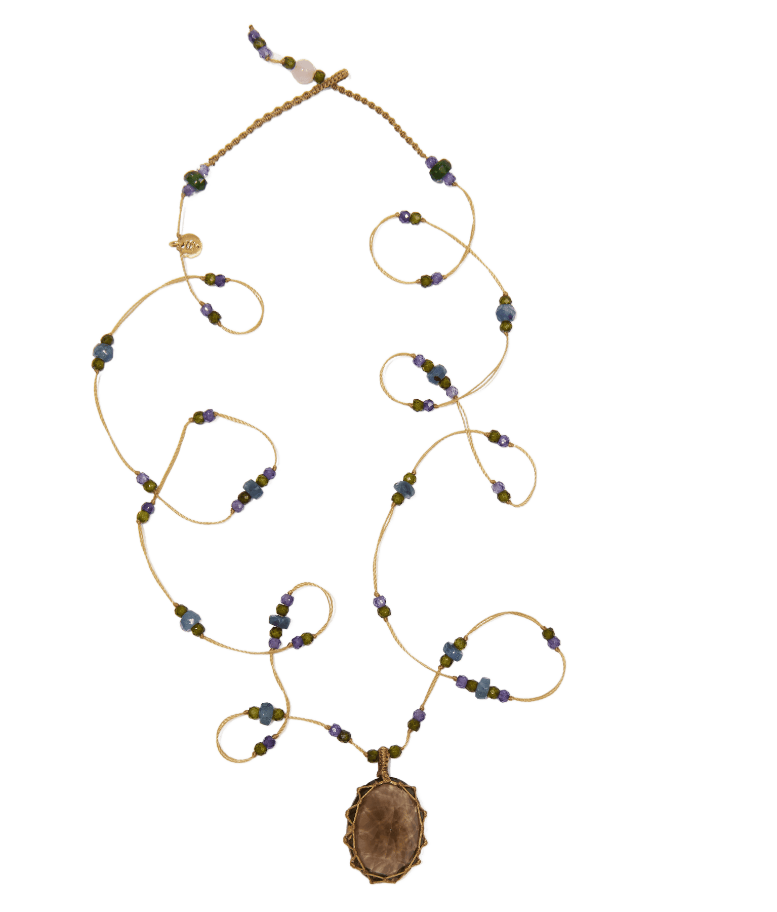 Long Tibetan Necklace - Smoked Quartz - Sapphire Mix - Beige Thread