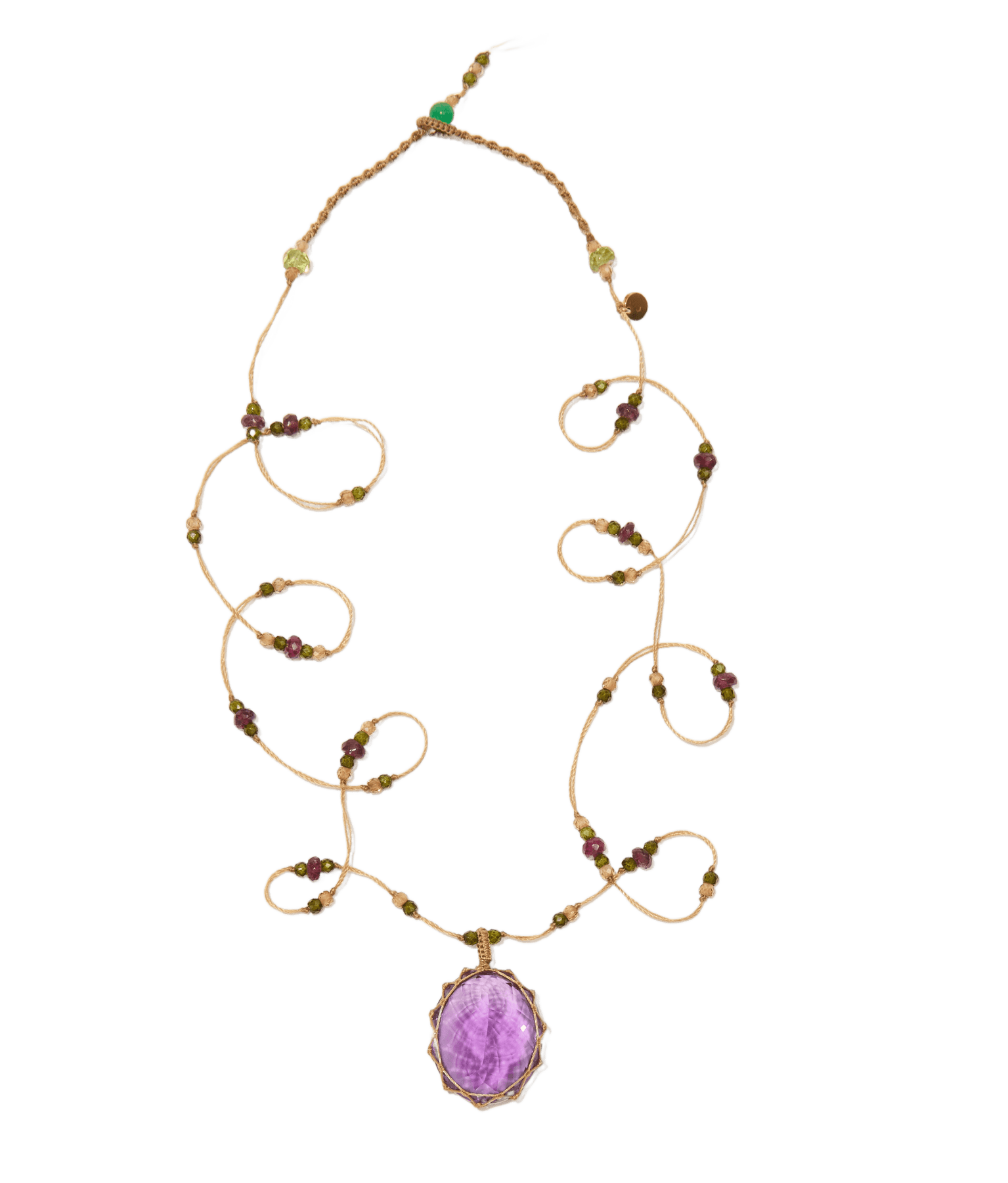 Long Tibetan Necklace - Deep Violet Amethyst - Mixed Tourmaline - Beige Thread
