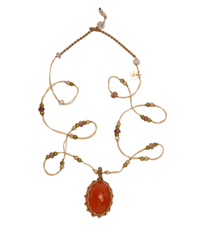 Short Tibetan Necklace - Orange Onyx - Rose Tourmaline Mix - Beige Thread