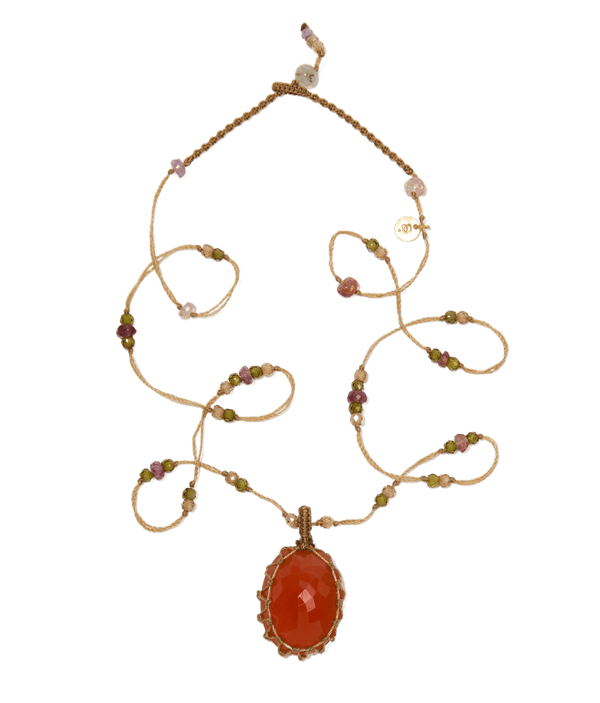 Collier Court Tibétain - Onyx Orange - Mix Tourmaline Rose - Fil Beige