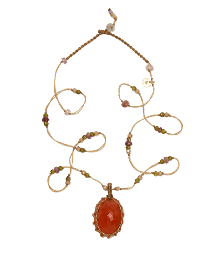 Collana Corta Tibetana - Onice Arancione - Mix Tormalina Rosa - Filo Beige