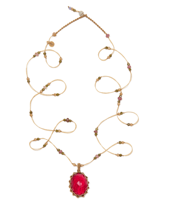 Sautoir Tibétain - Red Indian Glass - Mix Tourmaline - Fil Beige