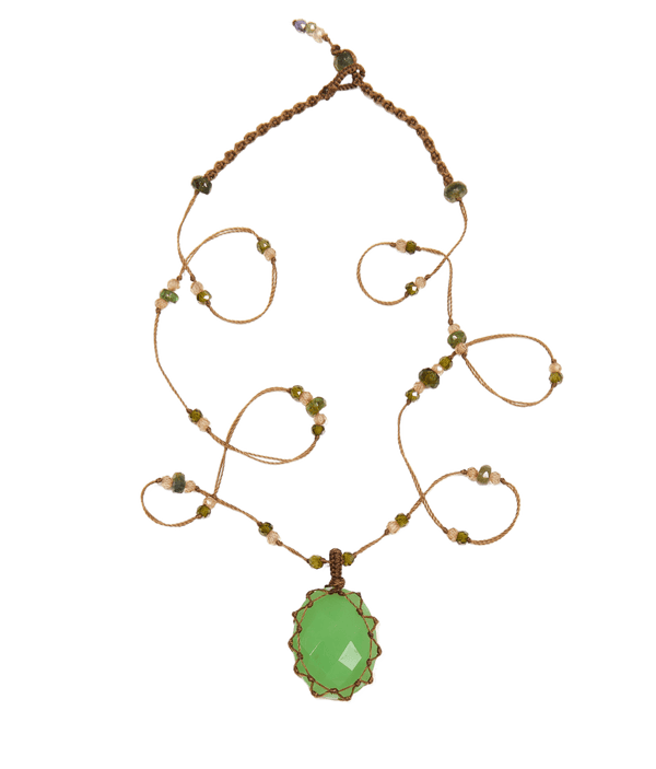 Collier Court Tibétain - Chrysoprase - Mix Emeraude - Fil Tabac