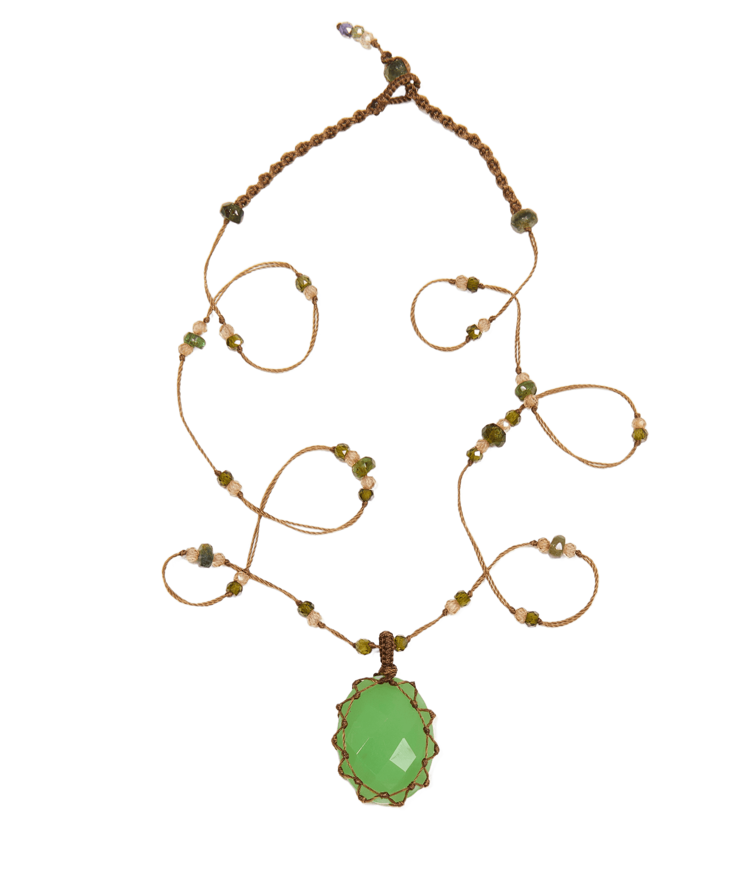 Collier Court Tibétain - Chrysoprase - Mix Tsavorite - Fil Tabac