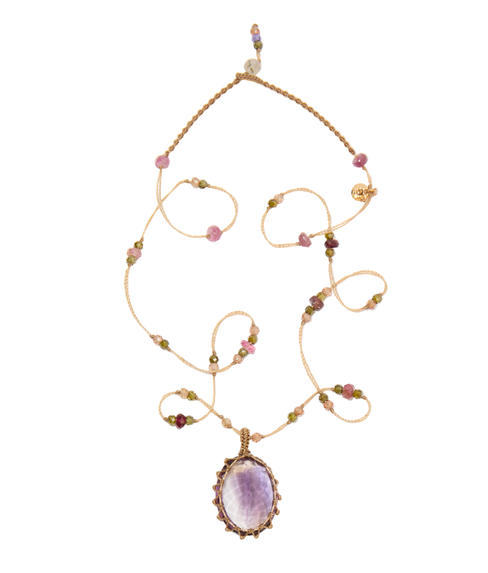 Collier Court Tibétain - Améthyste Violette Claire - Mix Tourmaline - Fil Beige