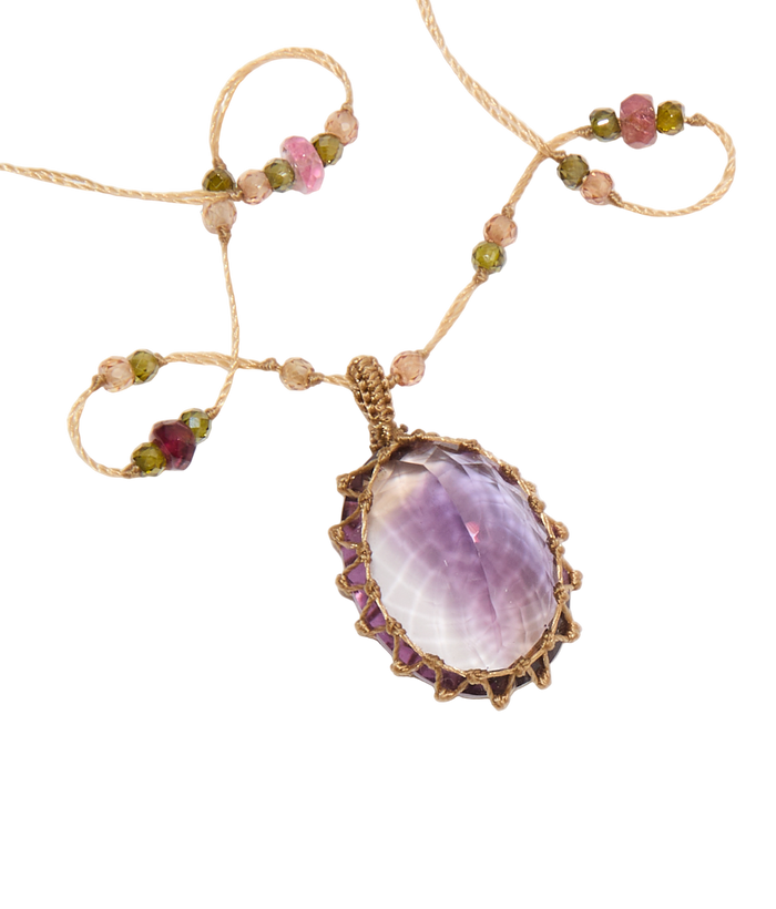 Collier Court Tibétain - Améthyste Violette Claire - Mix Tourmaline - Fil Beige