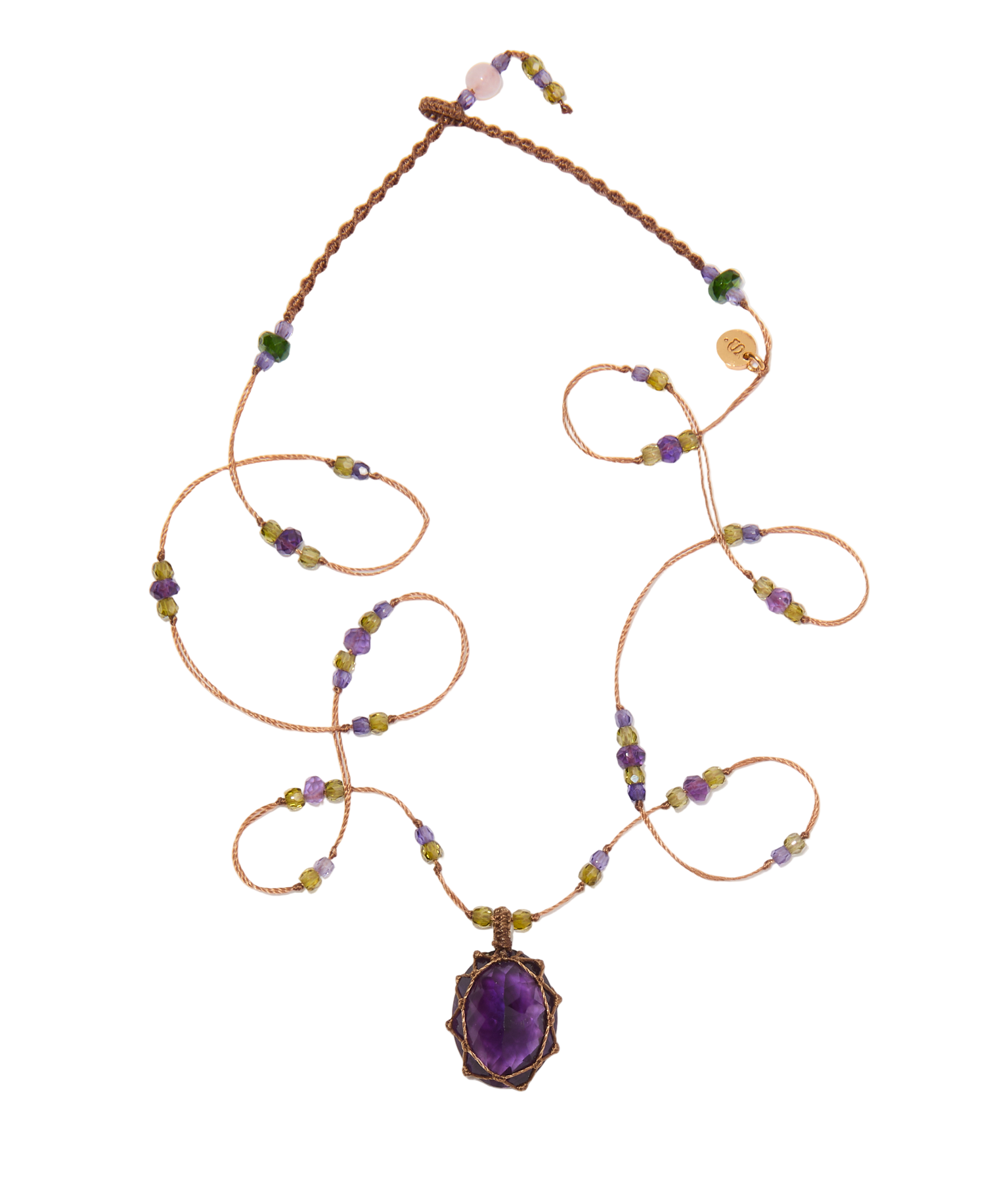 Collier Court Tibétain - Améthyste Violette Foncée - Mix Tourmaline - Fil Tabac