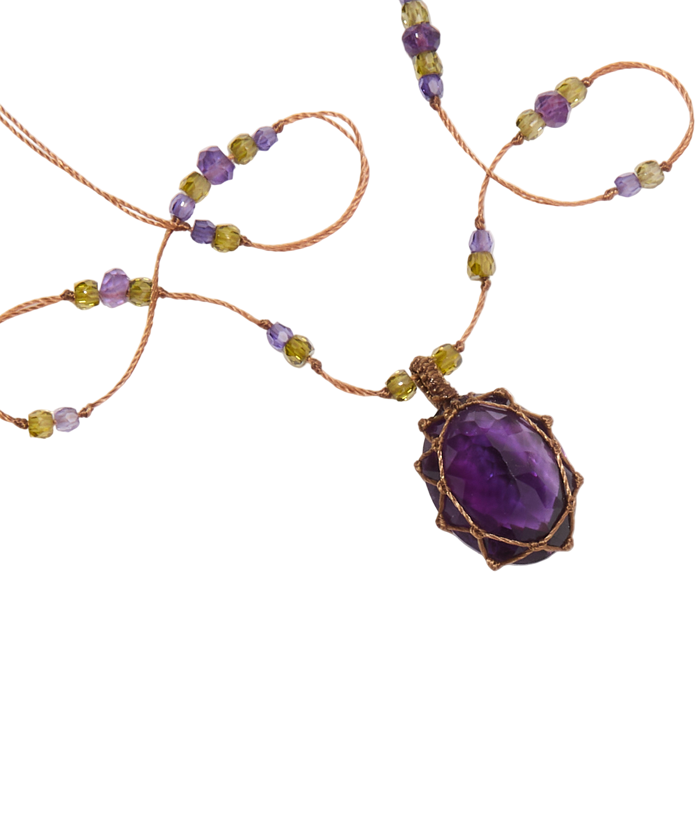 Collier Court Tibétain - Améthyste Violette Foncée - Mix Tourmaline - Fil Tabac