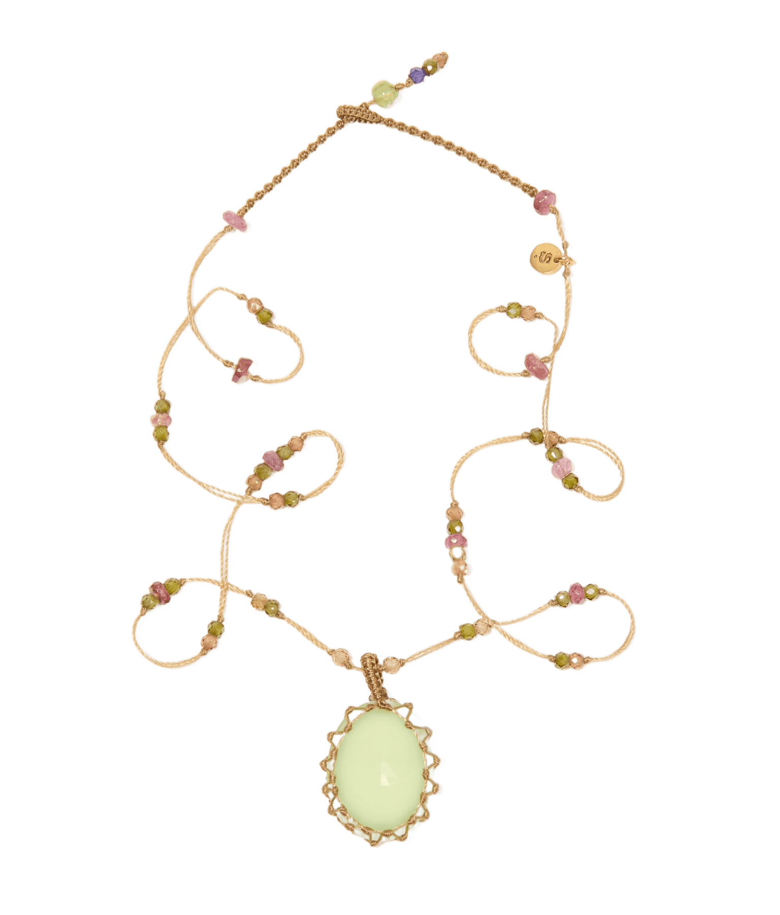 Collier Court Tibétain - Prehnite - Mix Tourmaline - Fil Beige