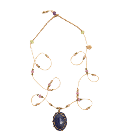 Collier Court Tibétain - Lapis Lazuli - Mix Tourmaline - Fil Beige