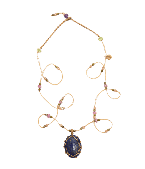 Collier Court Tibétain - Lapis Lazuli - Mix Tourmaline - Fil Beige