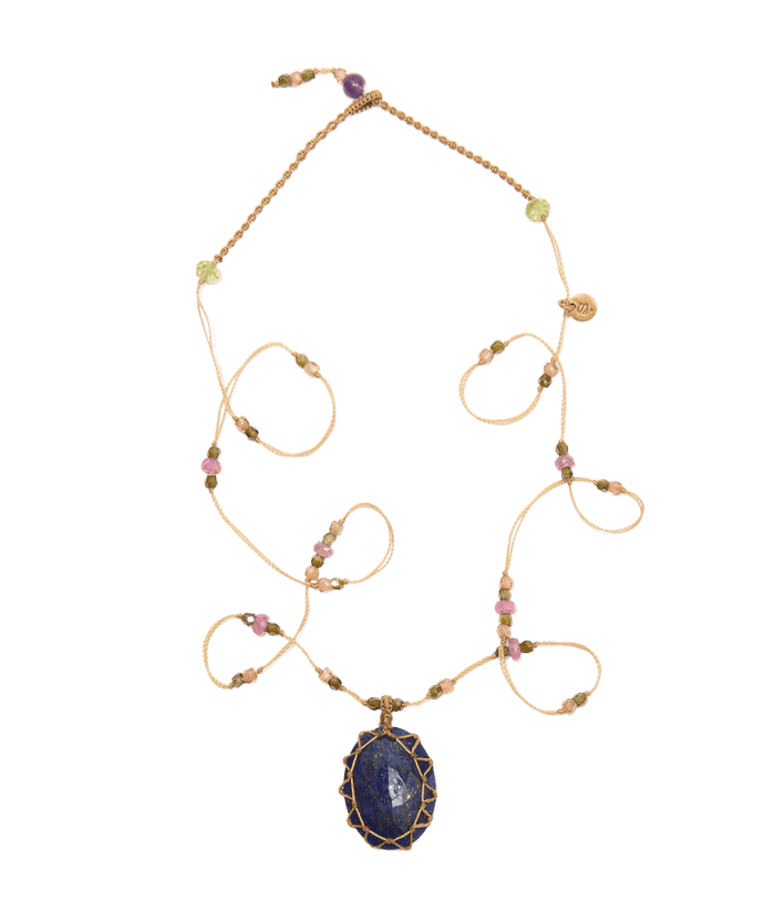 Short Tibetan Necklace - Lapis Lazuli - Mixed Tourmaline - Beige Thread