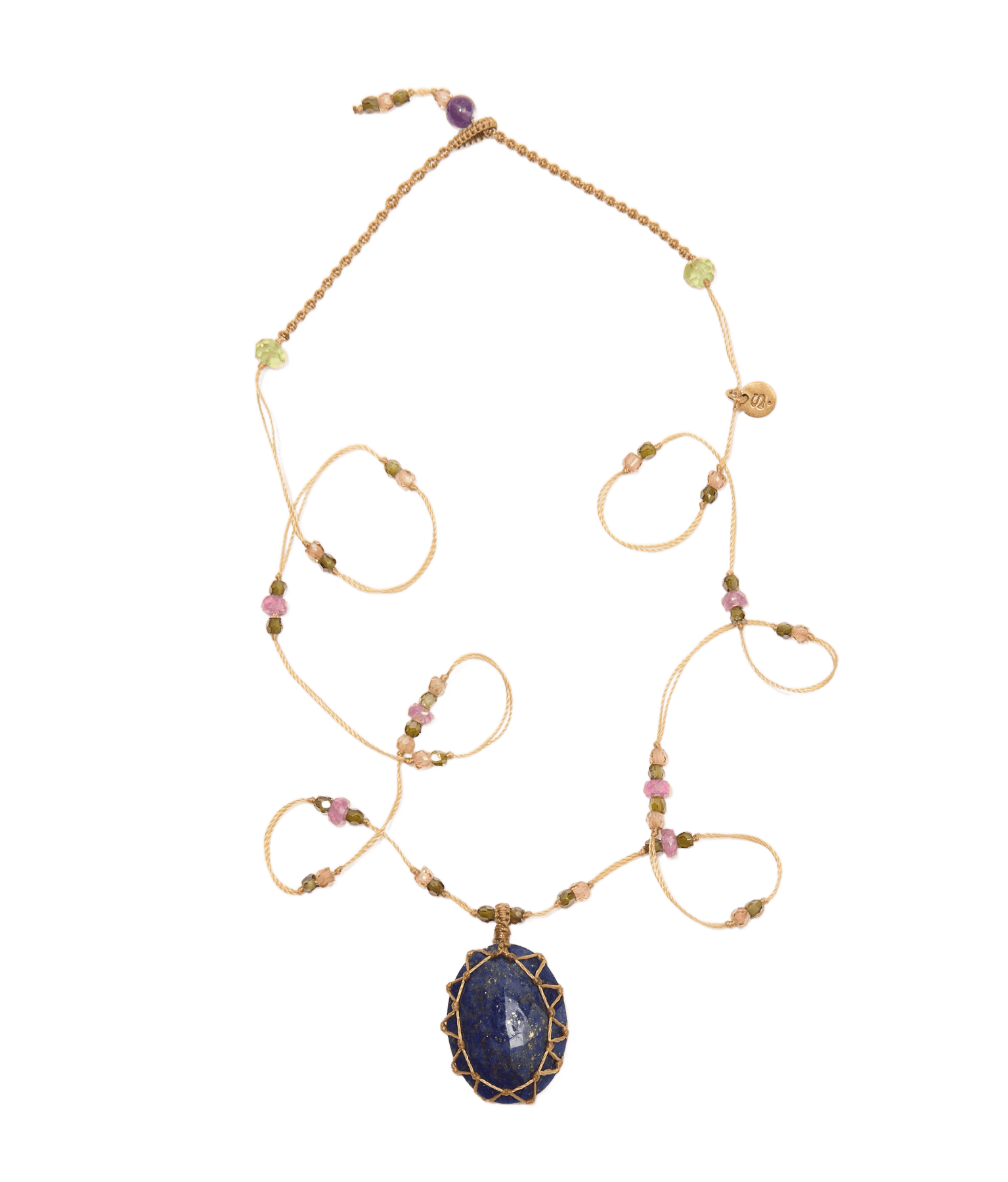 Collier Court Tibétain - Lapis Lazuli - Mix Tourmaline - Fil Beige