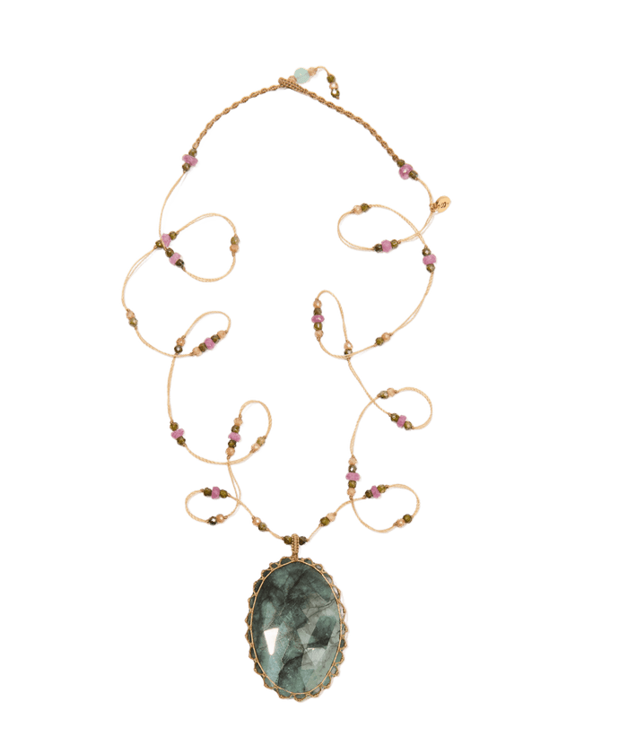 Sautoir Tibétain - Émeraude - Mix Tourmaline - Fil Beige