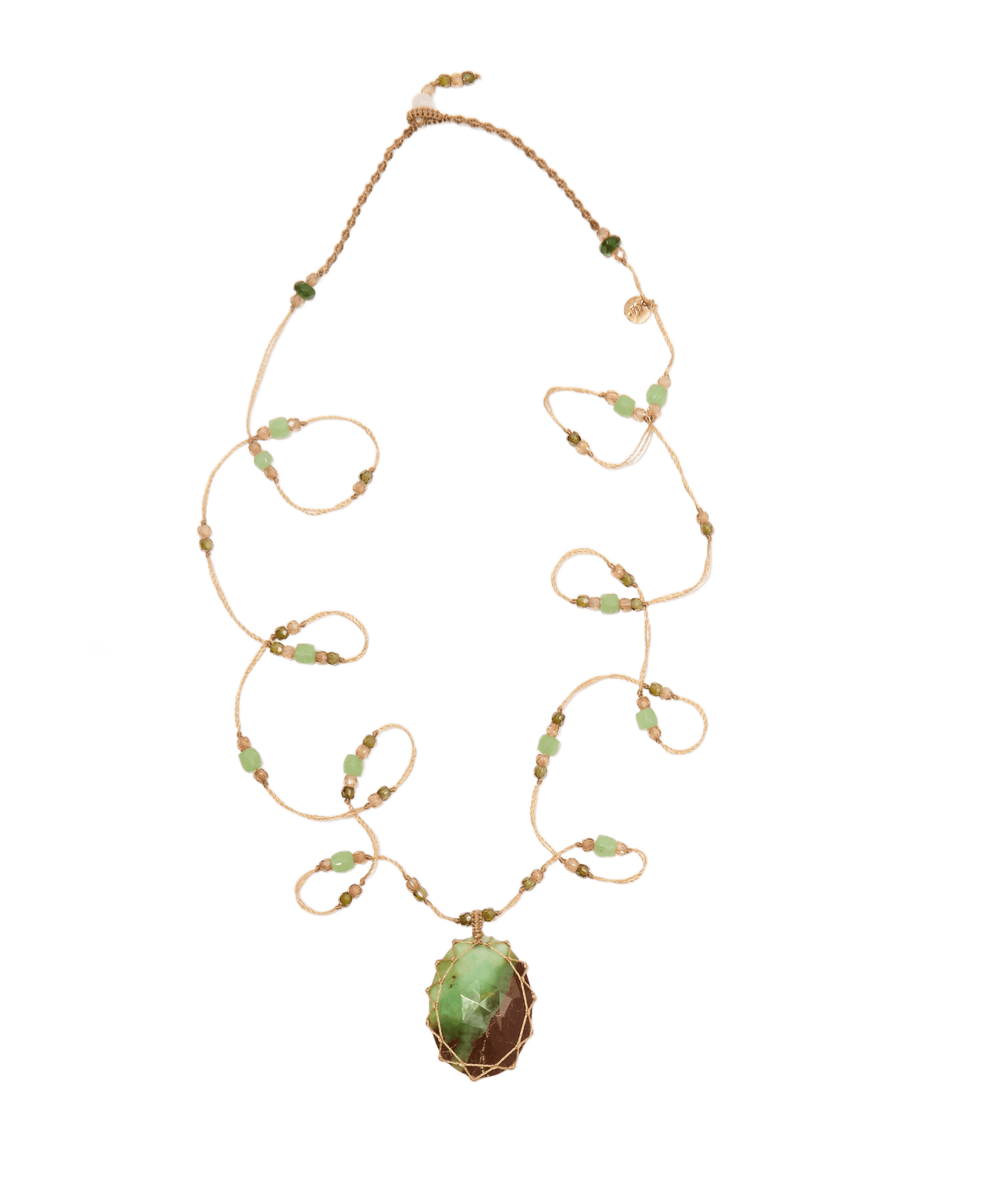 Long Tibetan Necklace - Ruby Zoïsite - Chrysoprase Mix - Beige Thread