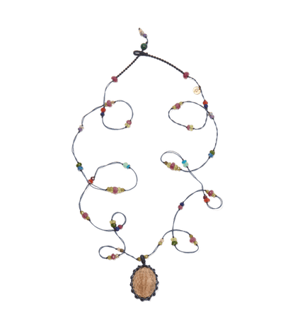 Sautoir Tibétain - Quartz Fumé - Mix Multi Pierres - Fil Bleu Foncé