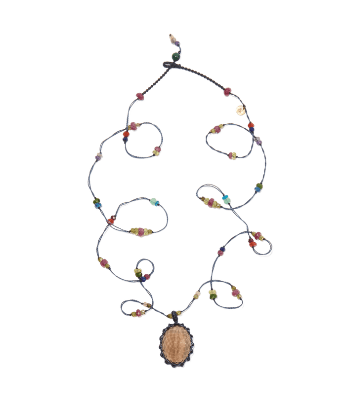 Long Tibetan Necklace - Smoked Quartz - Multi-Stone Mix - Dark Blue Thread