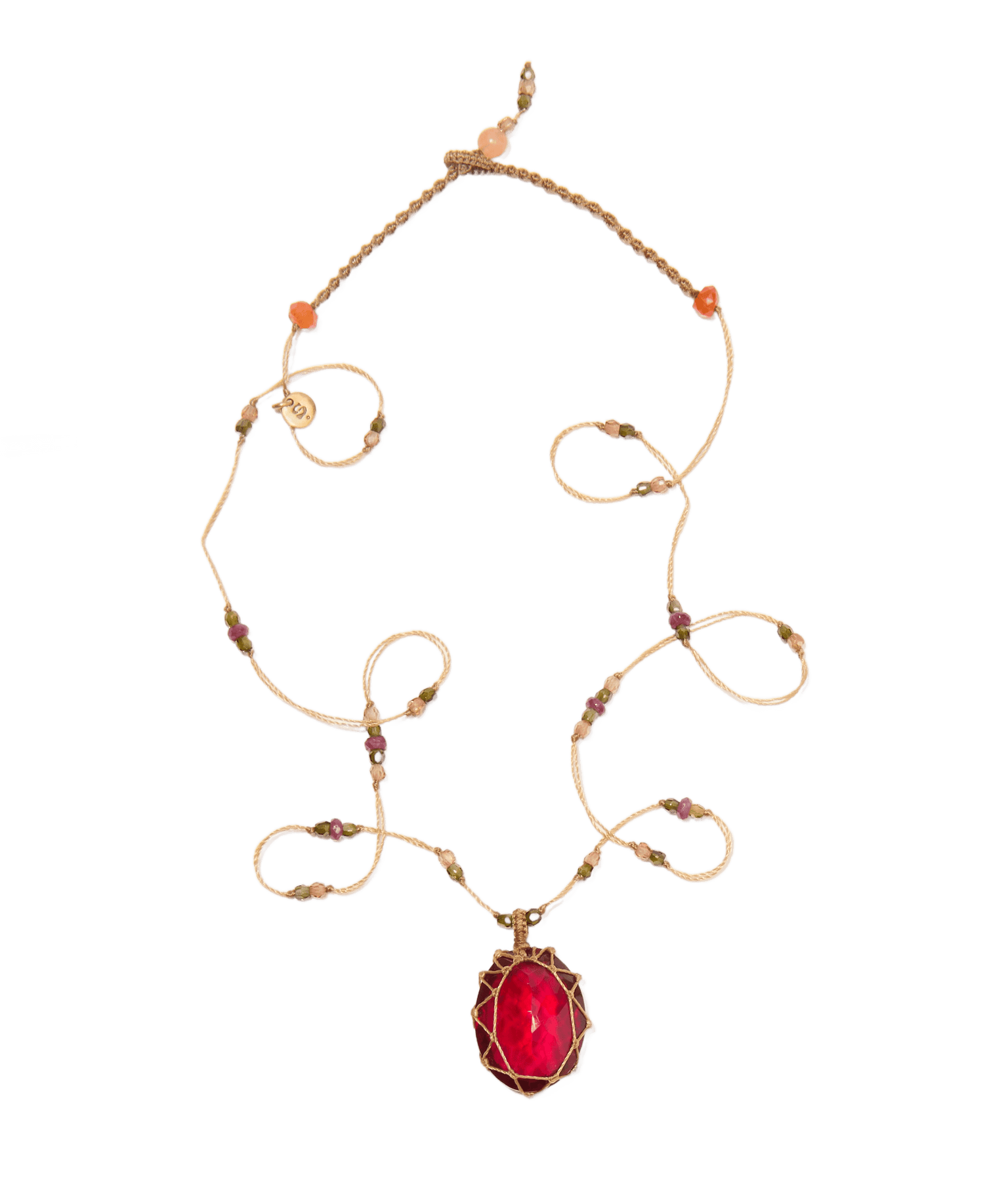 Collier Court Tibétain - Indian Glass Rouge - Mix Tourmaline Rose - Fil Beige