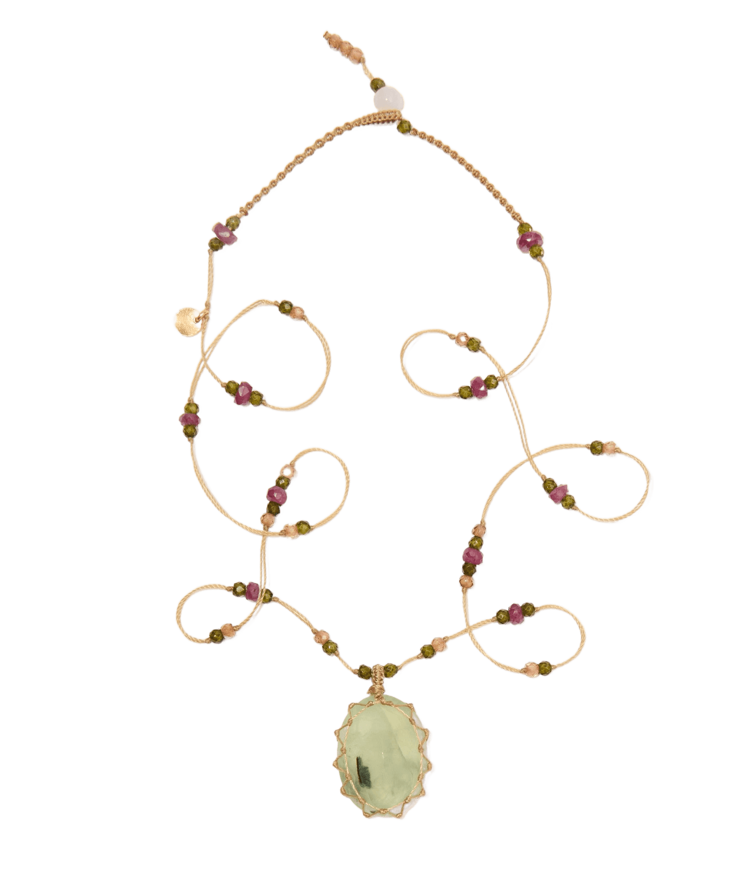 Collier Court Tibétain - Prehnite Rutile  - Mix Tourmaline - Fil Beige