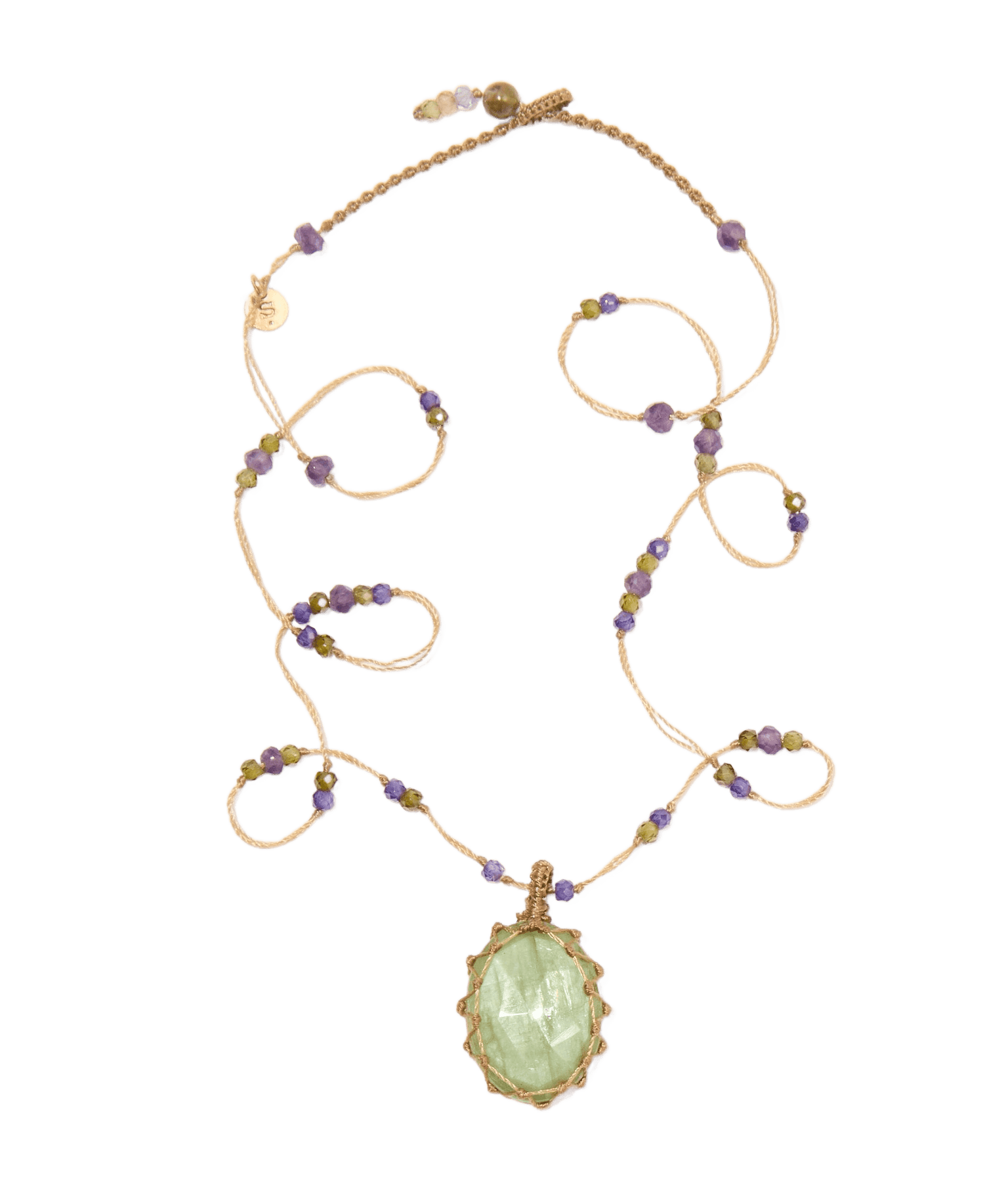 Collier Court Tibétain - Kyanite Mint - Mix Améthyste- Fil Beige
