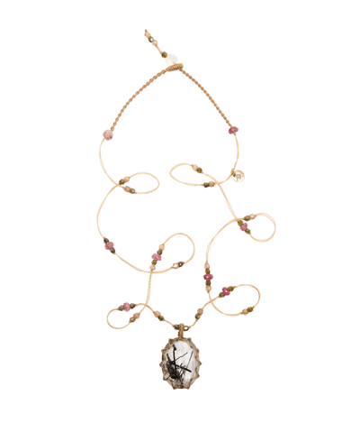 Kollier Court Tibétain - Quartz Rutile Schwarz - Mix Tourmaline Rosa - Beige Faden