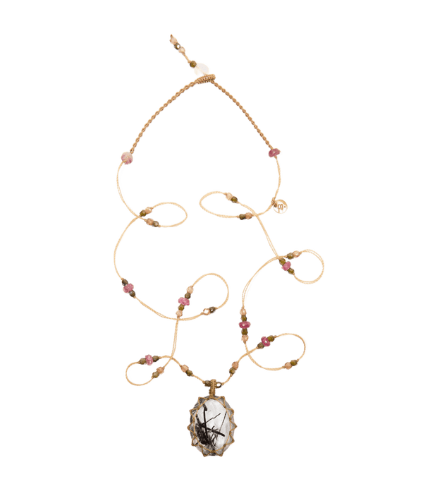 Collier Court Tibétain - Quartz Rutile Noir - Mix Tourmaline Rose - Fil Beige