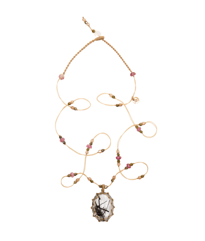 Short Tibetan Necklace - Black Rutilated Quartz - Rose Tourmaline Mix - Beige Thread