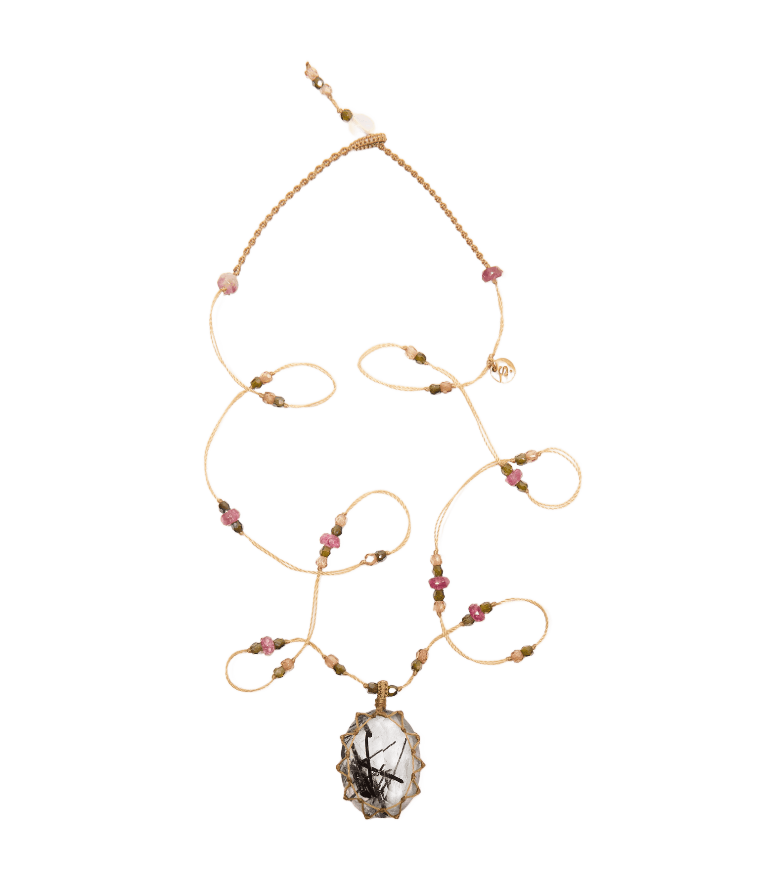 Short Tibetan Necklace - Black Rutilated Quartz - Rose Tourmaline Mix - Beige Thread