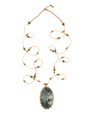 Long Tibetan Necklace - Emerald - Tsavorite Mix - Beige Thread