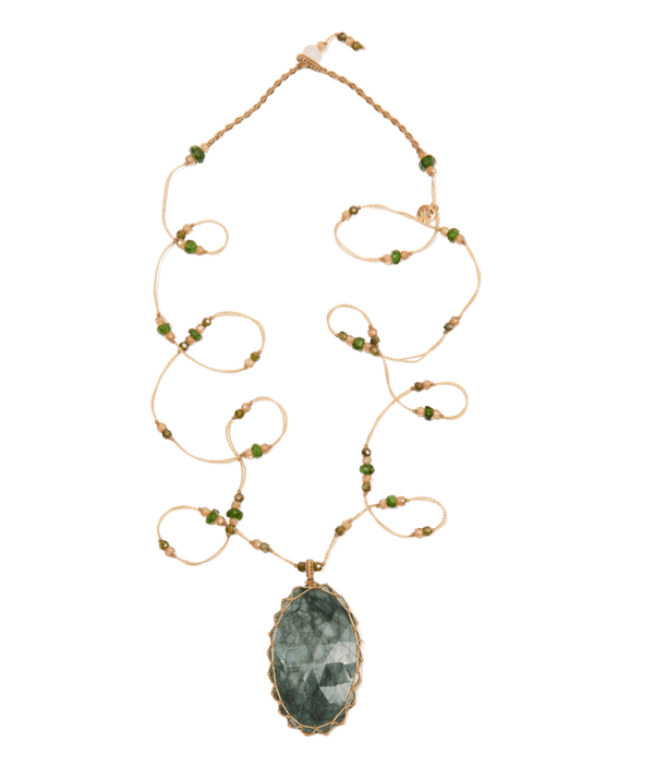 Sautoir Tibétain - Émeraude - Mix Tsavorite - Fil Beige
