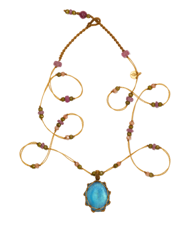 Short Tibetan Necklace - Aquamarine Glassfilled - Tourmaline Mix - Beige Thread
