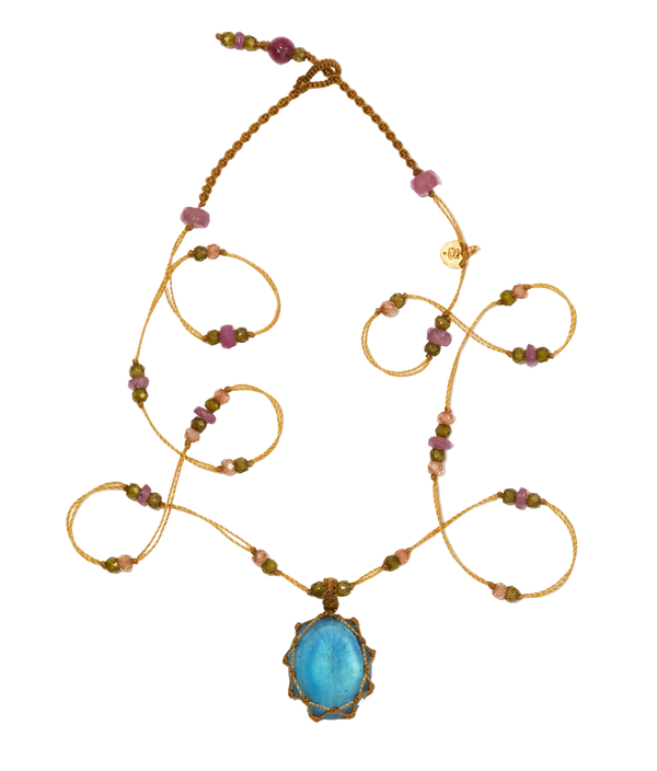 Collier Court Tibétain - Aquamarine Glassfilled - Mix Tourmaline - Fil Beige