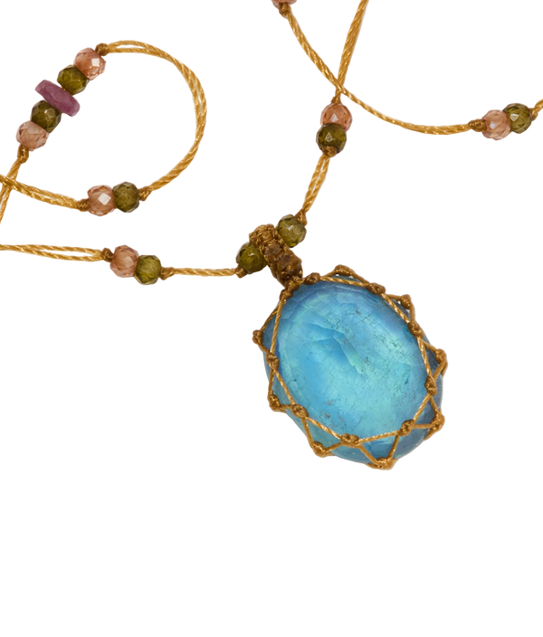 Collier Court Tibétain - Aquamarine Glassfilled - Mix Tourmaline - Fil Beige