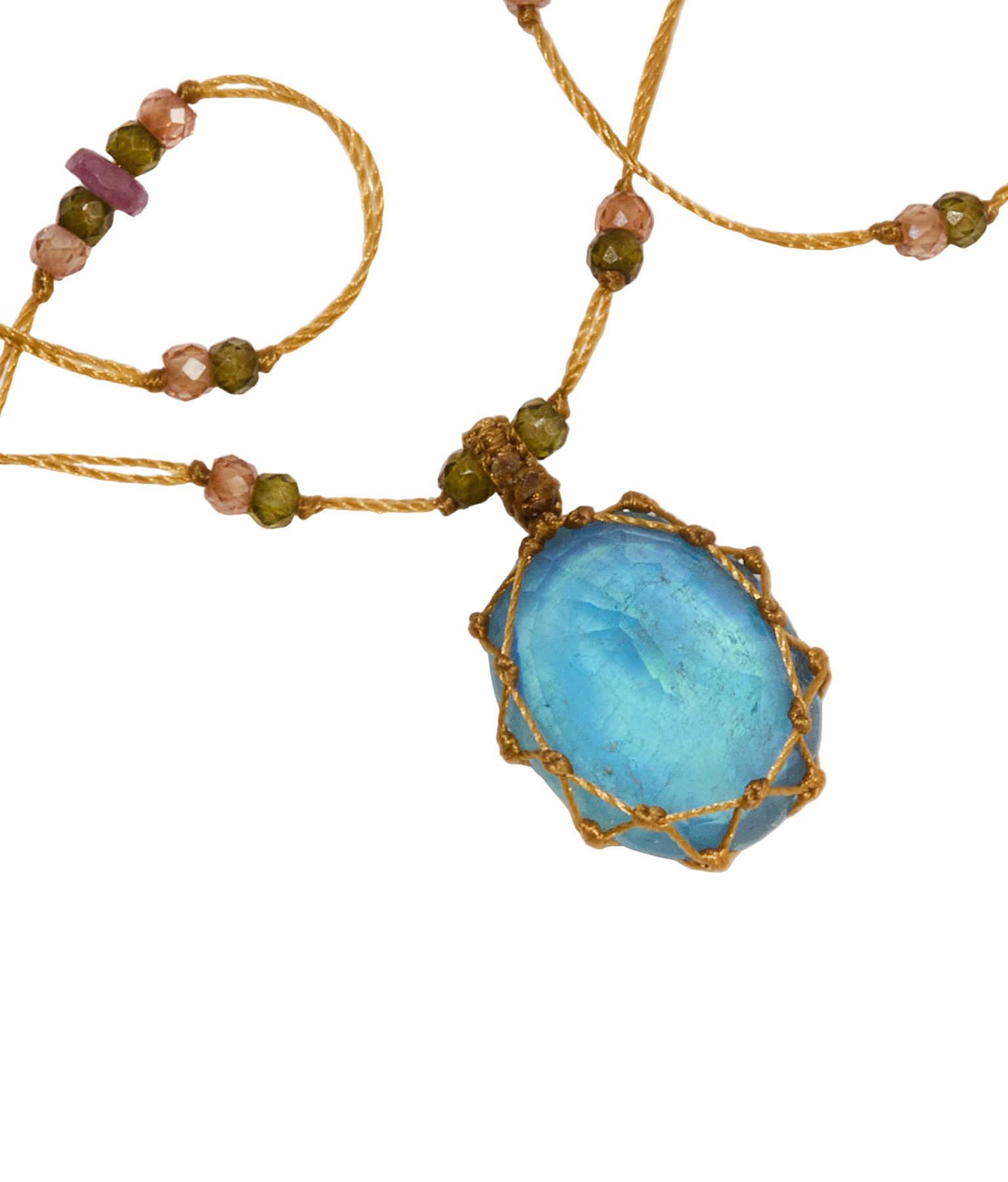 Collier Court Tibétain - Crystal Quartz - Mix Émeraude - Fil Tabac