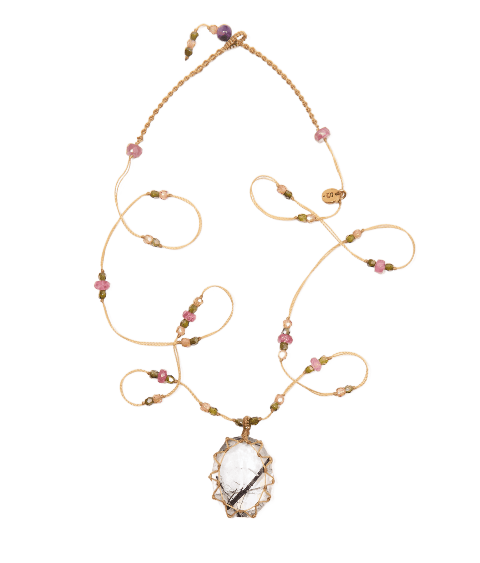 Short Tibetan Necklace - Black Rutilated Quartz - Mixed Tourmaline - Beige Thread