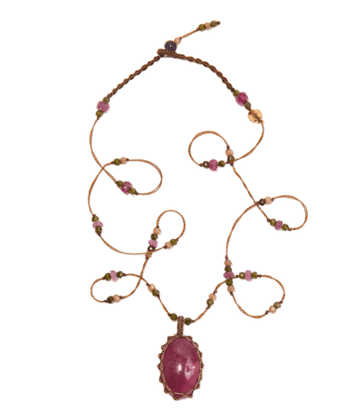 Short Tibetan Necklace - Cabochon Sapphire - Mixed Tourmaline - Tobacco-Brown Cord