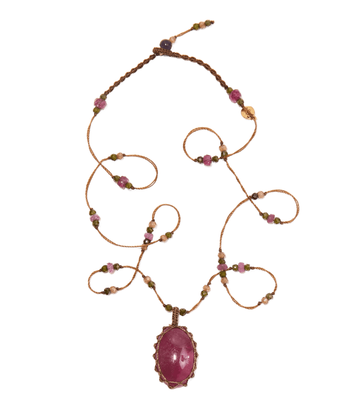 Short Tibetan Necklace - Cabochon Sapphire - Mixed Tourmaline - Tobacco-Brown Cord